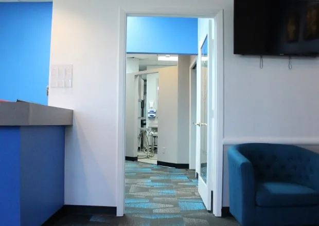 View from Toothology's reception area into the treatment hallway